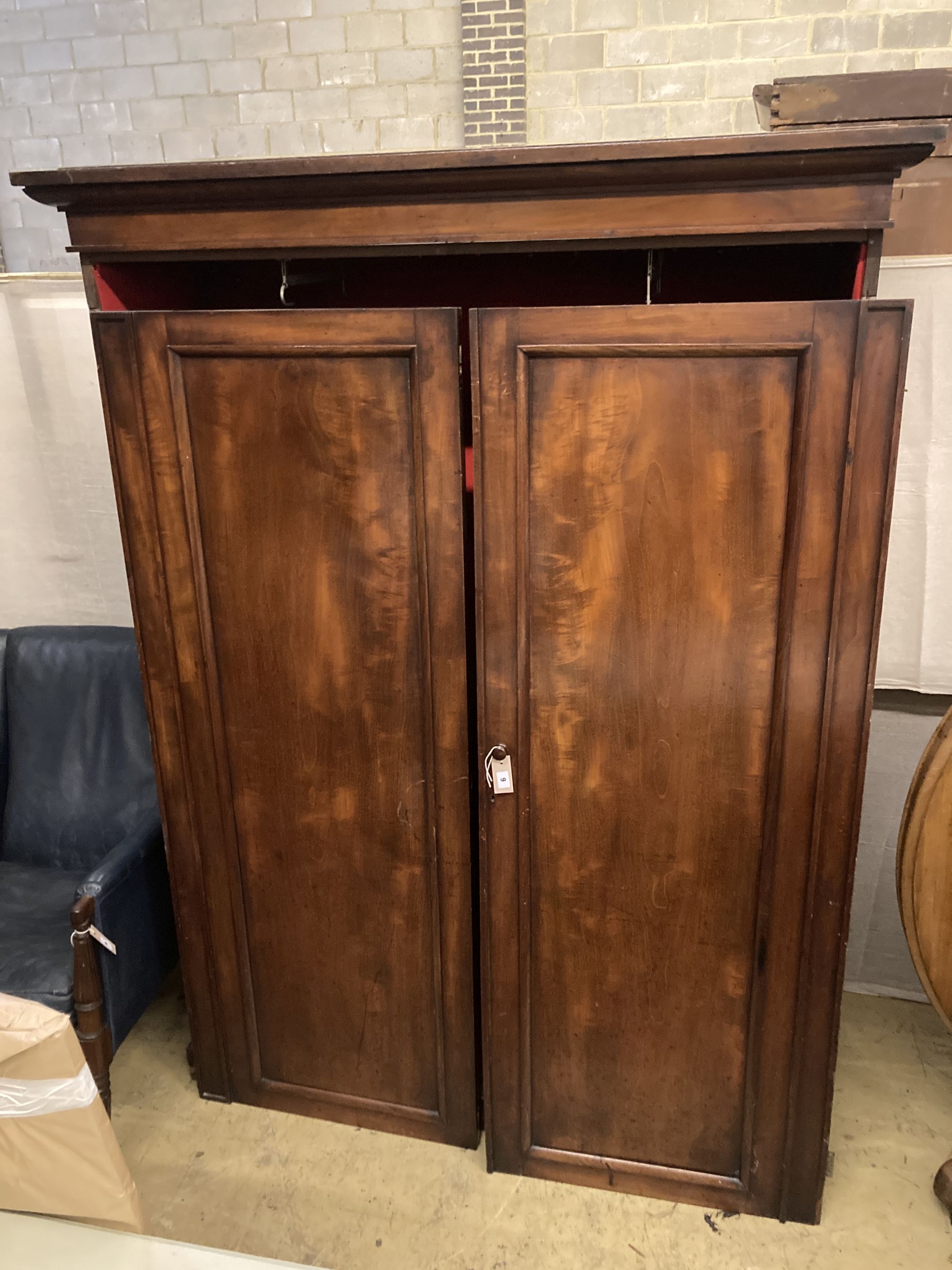 A Victorian mahogany two door wardrobe, width 145cm depth 56cm height 198cm